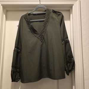 Olive Green Women's Top with Lace Details